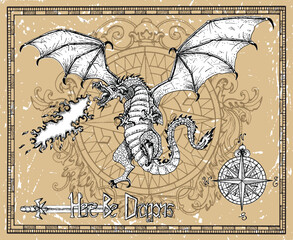 Scary dragon snorting fire, compass and title Here Be Dragons in frame. Vector sketch of tattoo fantasy concept and t-shirt design. Graphic line art illustration © samiramay