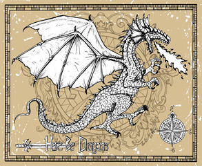 Dragon snorting fire, compass and title Here Be Dragons in frame. Vector sketch of tattoo fantasy concept and t-shirt design. Graphic line art illustration