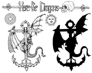 Set with scary detailed dragon sitting on ancient anchor, compass and silhouette. Vector sketch of tattoo fantasy concept, logo and t-shirt design. Graphic line art illustration