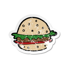 retro distressed sticker of a cartoon hamburger