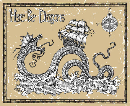 Scary dragon and ship with compass, sea waves and title Here Be Dragons. Vector sketch of tattoo fantasy concept and t-shirt design. Graphic line art illustration