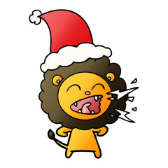 gradient cartoon of a roaring lion wearing santa hat