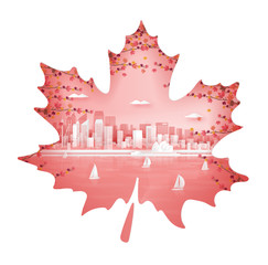 Autumn seaon with maple leave style in season concept for travel postcard, poster, tour advertising of world famous landmarks in paper cut style. Vector illustration.