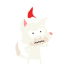 flat color illustration of a annoyed fox wearing santa hat