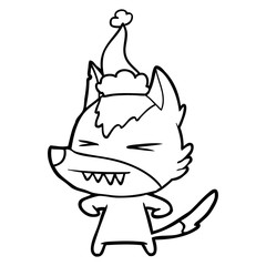 angry wolf line drawing of a wearing santa hat