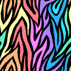 Fototapeta na wymiar Colorful zebra seamless pattern. Neon rainbow lines isolated on black background. Repeating stripes backdrop. Vector print for fabrics, posters, banners.