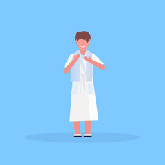 man wearing white bathrobe happy guy standing pose male cartoon character full length flat blue backgroud