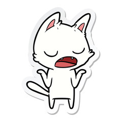 sticker of a talking cat shrugging shoulders