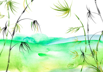 Fototapeta na wymiar watercolor painting of bamboo forest on textured paper. Decorative watercolor bamboo background for your design. green silhouette branches, tropics, jungle,wild grass. Windy day. Abstract paint splash