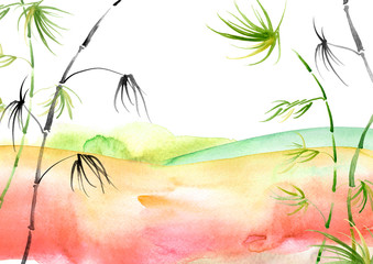 Fototapeta na wymiar watercolor painting of bamboo forest on textured paper. Decorative watercolor bamboo background for your design. green silhouette branches, tropics, jungle,wild grass. Windy day. Abstract paint splash