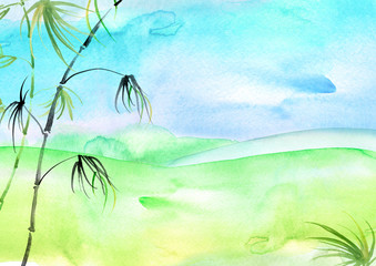 Fototapeta na wymiar watercolor painting of bamboo forest on textured paper. Decorative watercolor bamboo background for your design. green silhouette branches, tropics, jungle,wild grass.Windy day. Abstract paint splash
