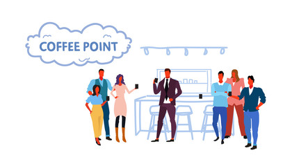 people group having break standing near coffee point drinking and chatting concept businesspeople holding hot drinks male female characters full length sketch horizontal vector illustration