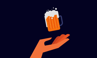 Vector illustration of a hand and beer glass. Drinking Concept. Alcohol drink design