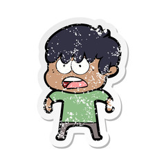 distressed sticker of a worried cartoon boy