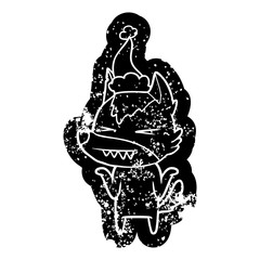 angry wolf cartoon distressed icon of a wearing santa hat