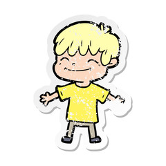 distressed sticker of a cartoon happy boy