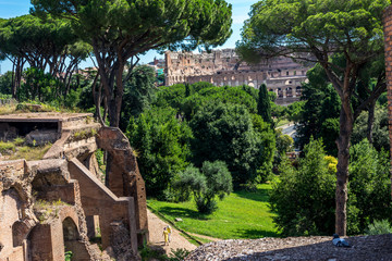 Fototapeta na wymiar The ancient ruins at the Roman Forum, Palatine hill, colosseum in Rome