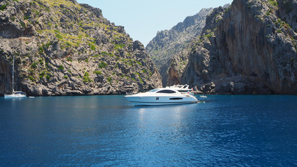 Port de Sa Calobra, Mallorca, Spain. The bay with turquoise sea from the boat