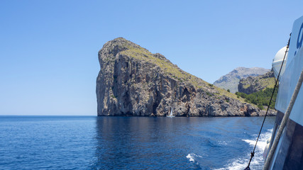 Views of the sea and the mountains while sailing with the ship between the Port of Sa Calobra and the port of Soller