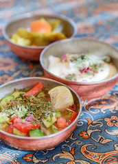 Traditional Iranian snacks. Persian cuisine. Focus on the salad