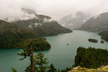 beautiful Diablo lake in the mountains Washington state USA.