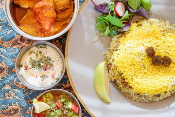 Wonderful top view of traditional Iranian dishes and snacks