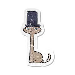 retro distressed sticker of a cartoon cat in top hat