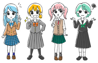表情豊かな女子高生のイラストセット