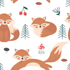 Cute cartoon fox seamless pattern. Fox, trees, acorns and toadstool vector illustration.