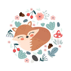 Cute cartoon fox. Fox character vector print  for  cards, posters, cards, t-shirts, book, textile. Flowers, leaves, mushrooms arranged in circle.