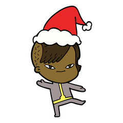 cute line drawing of a girl with hipster haircut wearing santa hat