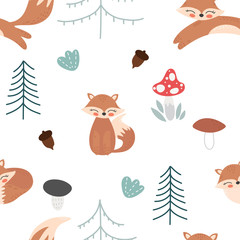 Cute cartoon fox seamless pattern. Fox, trees, acorns and toadstool vector illustration.