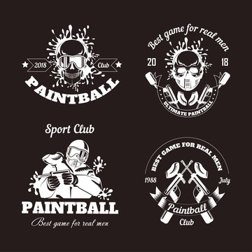 Paintball game sport club logo templates of gamer shooting target or paint ball gun
