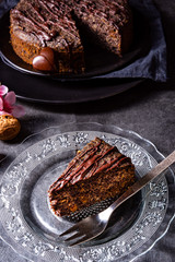 juicy poppy seed cake with apples and chocolate glaze