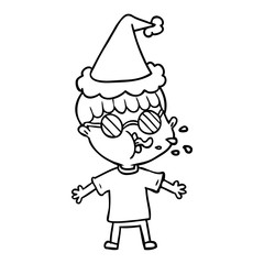 line drawing of a boy wearing spectacles wearing santa hat