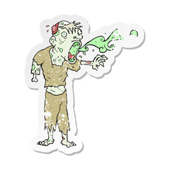 retro distressed sticker of a cartoon gross zombie