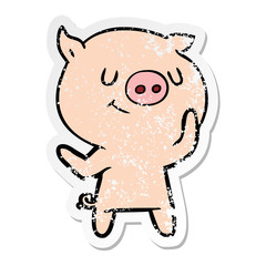distressed sticker of a happy cartoon pig
