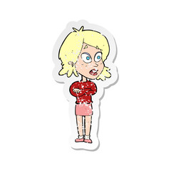 retro distressed sticker of a cartoon surprised woman