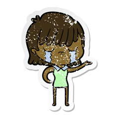 distressed sticker of a cartoon woman crying
