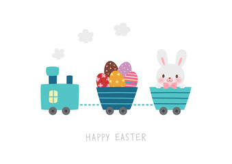 Obraz premium Cute train carrying Easter eggs and Easter Bunny