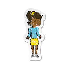 retro distressed sticker of a cartoon woman shrugging shoulders