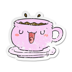 distressed sticker of a cute cartoon cup and saucer