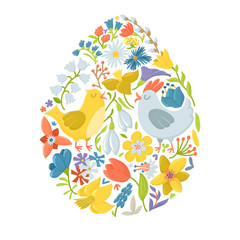 Easter egg filled with cute cartoon hen, cock and spring flowers, vector illustration isolated on white background. Easter greeting card in egg shape filled with cute cartoon chicken and flowers