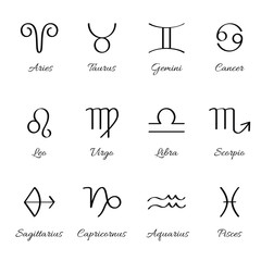 12 Zodiac sign for astrology. Calligraphy style set. Simple icons. Black on white background vector - 253229250