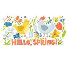 Hello spring greeting card, horizontal banner with cute cartoon hen, rooster and spring flowers, vector illustration on white background. Easter greeting card with chicken, flowers and text