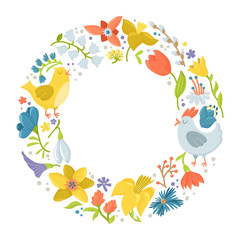 Round frame made of spring flowers, hen and rooster, easter greeting card template, decoration element, cute cartoon vector illustration isolated on white background