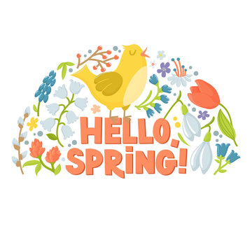Hello spring greeting card, semicircle banner with cute cartoon hen, chicken, spring flowers and text, vector illustration on white background. Easter greeting card with chicken, flowers and text