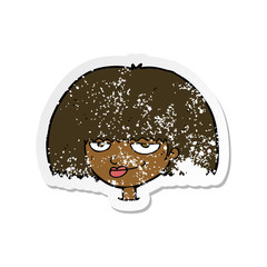 retro distressed sticker of a cartoon mean female face
