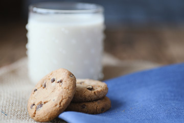 Stack of Chocolate chip cookie and glass of milk..