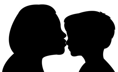 a mother kissing her son, silhouette vector